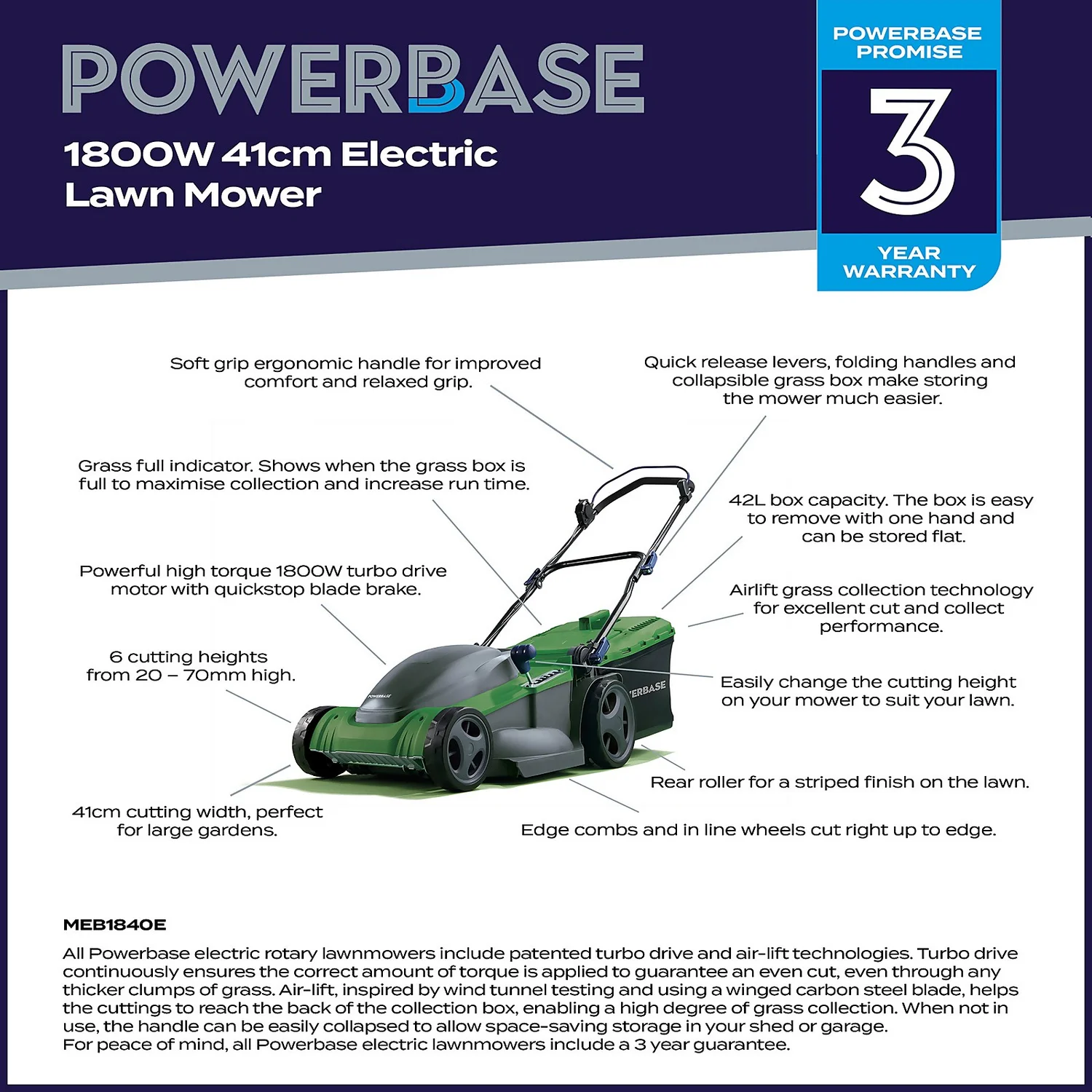Powerbase 1800W Electric Lawn Mower - 41cm Powerbase 1800W Electric Lawn Mower - 41cm -Deals Furniture Store 12882288 7415058716616492