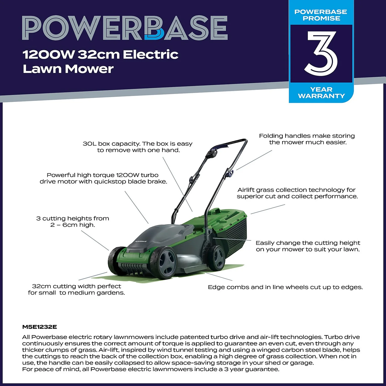 Powerbase 1200W Electric Lawn Mower - 32cm Powerbase 1200W Electric Lawn Mower - 32cm -Deals Furniture Store 12882290 2085058716697024