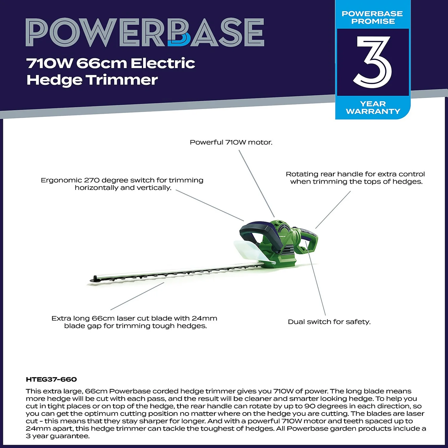 Powerbase 710W Electric Hedge Trimmer - 66cm Powerbase 710W Electric Hedge Trimmer - 66cm -Deals Furniture Store 12885499 3955058716654571