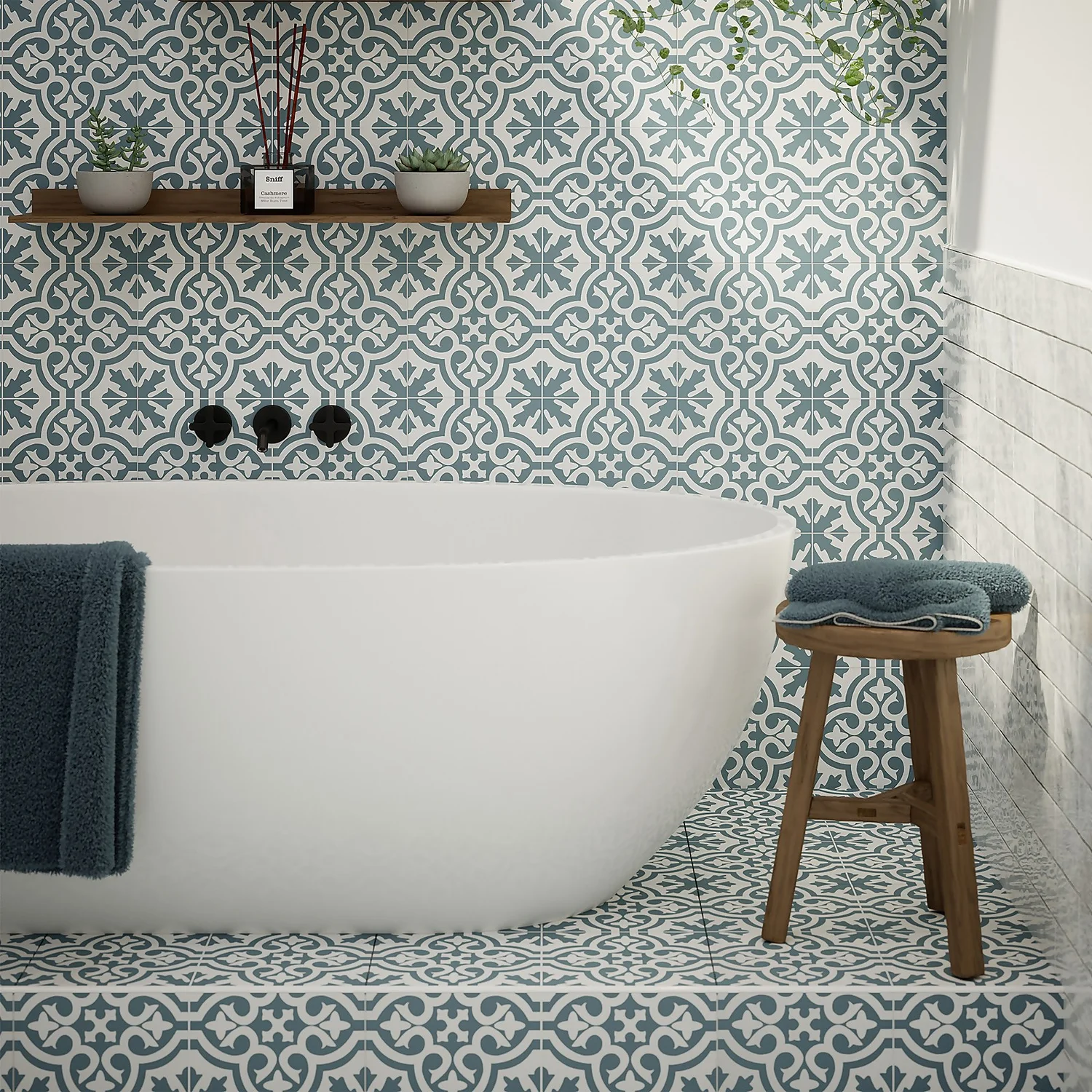 Fiore Teal / White Victorian Pre-scored Porcelain Wall & Floor Tile 450 x 450mm - 1.42sqm Pack Fiore Teal / White Victorian Pre-scored Porcelain Wall & Floor Tile 450 X 450mm - 1.42sqm Pack -Deals Furniture Store 13220597 7264909608388476